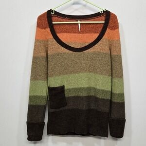 Free People Wool Sweater Small Earth Tone Stripe Scoop Neck Slouchy Pocket Boho
